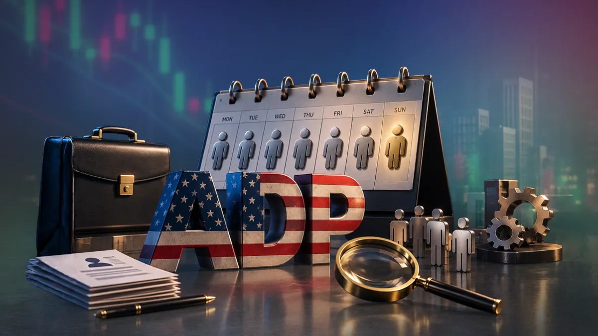 مجسم لحروف ADP بألوان العلم الأمريكي مع تقويم أسبوعي وحقيبة عمل وخلفية شارت تداول — بيانات سوق العمل الأمريكي وأثرها على الذهب