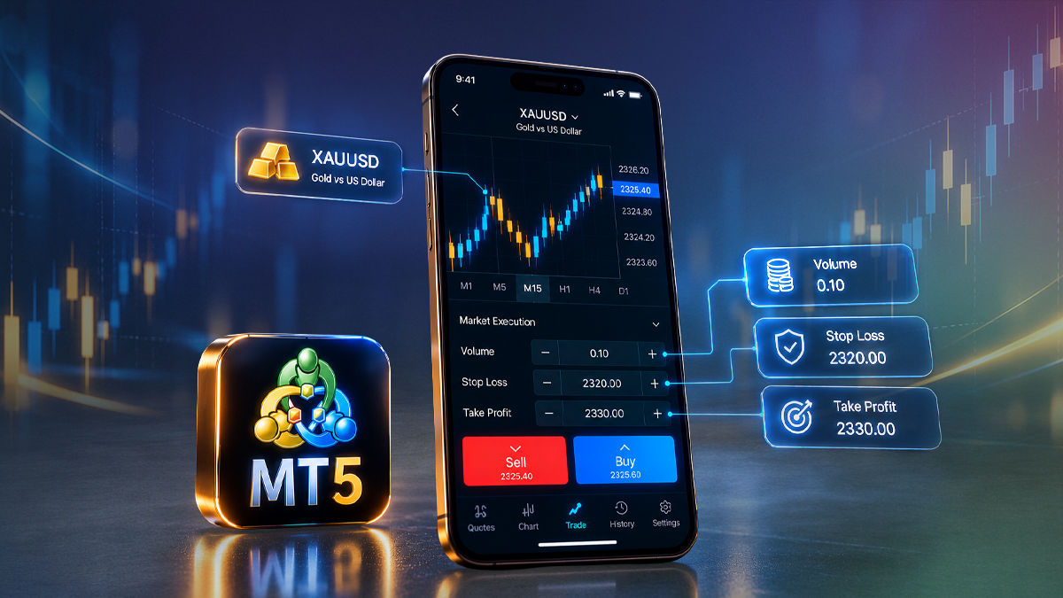 شاشة تطبيق MT5 على الجوال لزوج XAUUSD تعرض حقول Volume وStop Loss وTake Profit وزرّي Sell وBuy — كيف تفتح صفقة من تطبيق MT5 على الجوال