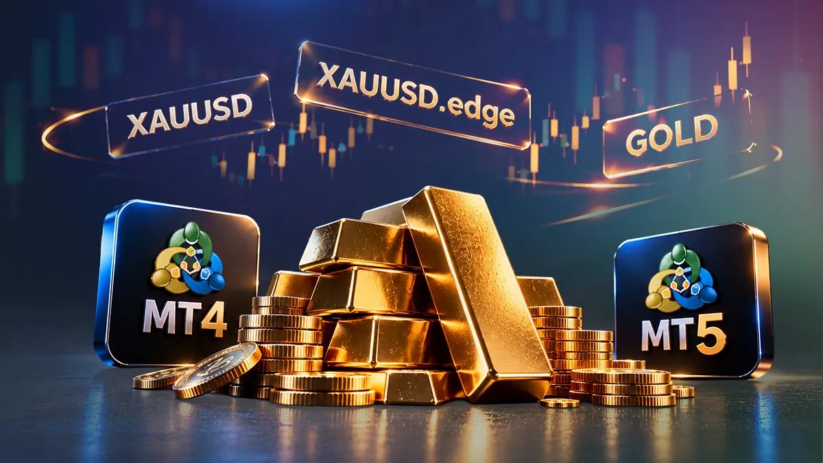 سبائك وعملات ذهبية بين شعاري MT4 وMT5 مع رموز XAUUSD وXAUUSD.edge وGOLD فوق شارت شموع