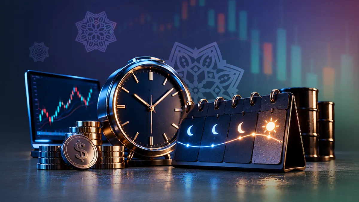 ساعة وتقويم يُظهر ثلاث ليالٍ متتالية بجانب عملات معدنية وشاشة شموع، تعبيرًا عن احتساب رسوم التبييت عن كل ليلة