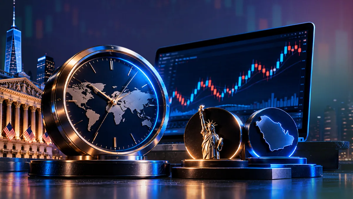 ساعة بخريطة العالم بجوار تمثال الحرية وخريطة السعودية أمام شاشة شارت، تعبيرًا عن أوقات تداول الناسداك وS&P 500 بتوقيت السعودية