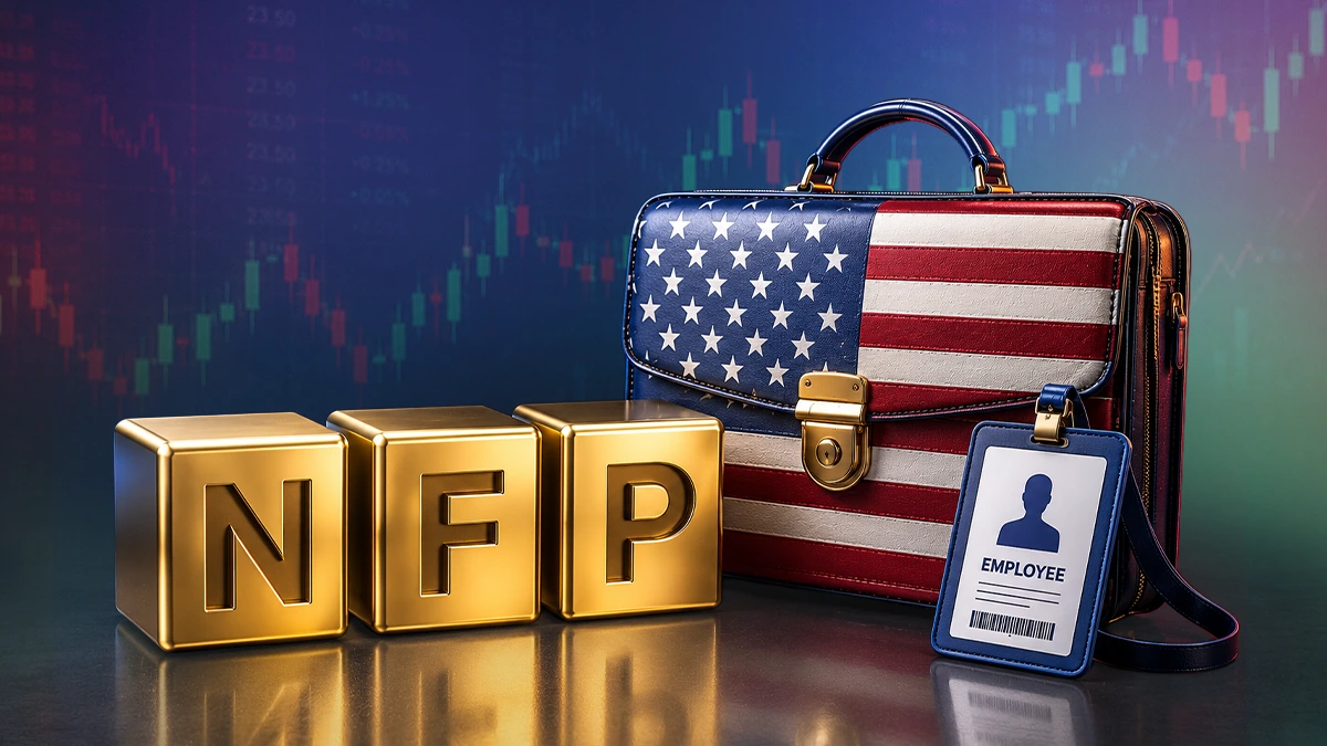 مكعّبات ذهبية بحروف NFP وحقيبة بعلم أمريكي وبطاقة موظف أمام شارت شموع — بيانات الوظائف الأمريكية ومحرّك تحليل الذهب اليوم